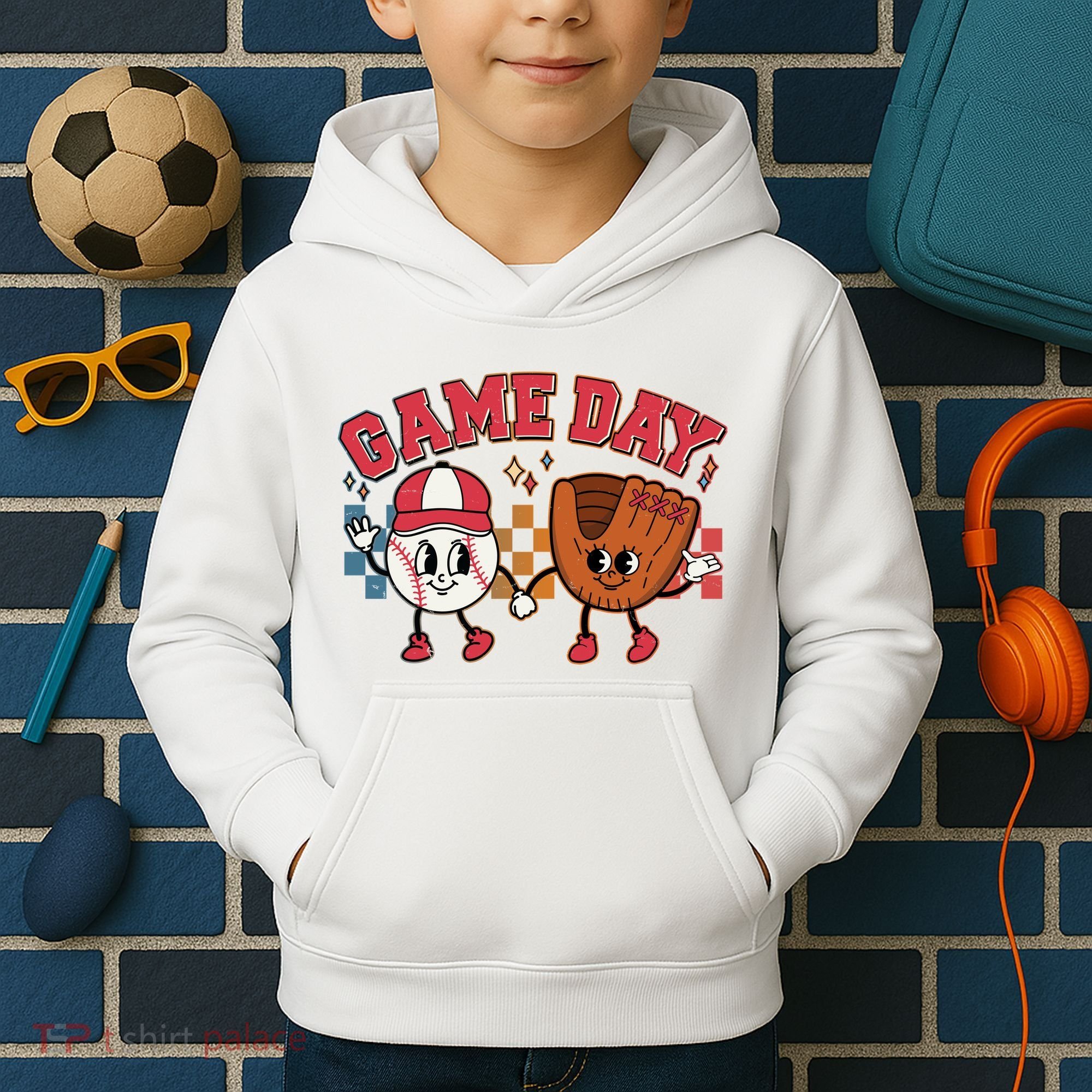 Retro Cartoon Baseball Game Day Kids Hoodie