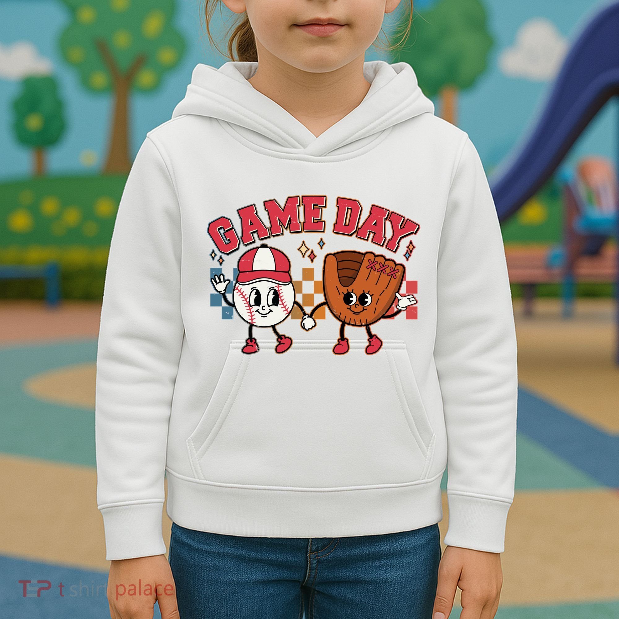 Retro Cartoon Baseball Game Day Kids Hoodie