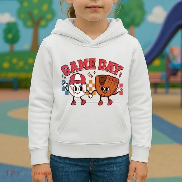 Retro Cartoon Baseball Game Day Kids Hoodie