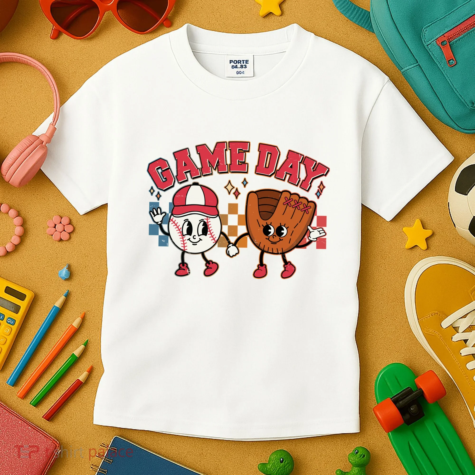 Retro Cartoon Baseball Game Day Kids T-Shirt