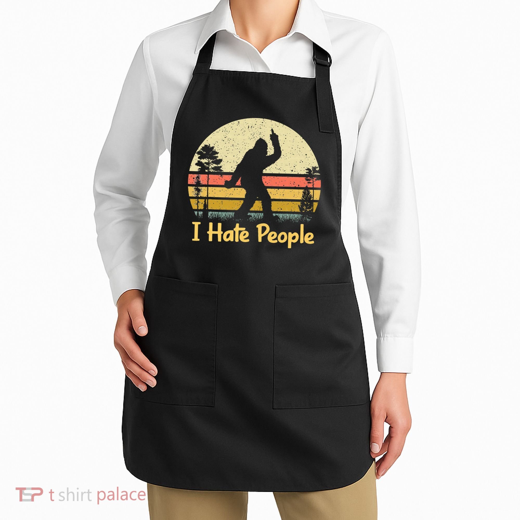 Retro Camping Bigfoot Sasquatch Middle Finger I Hate People Apron