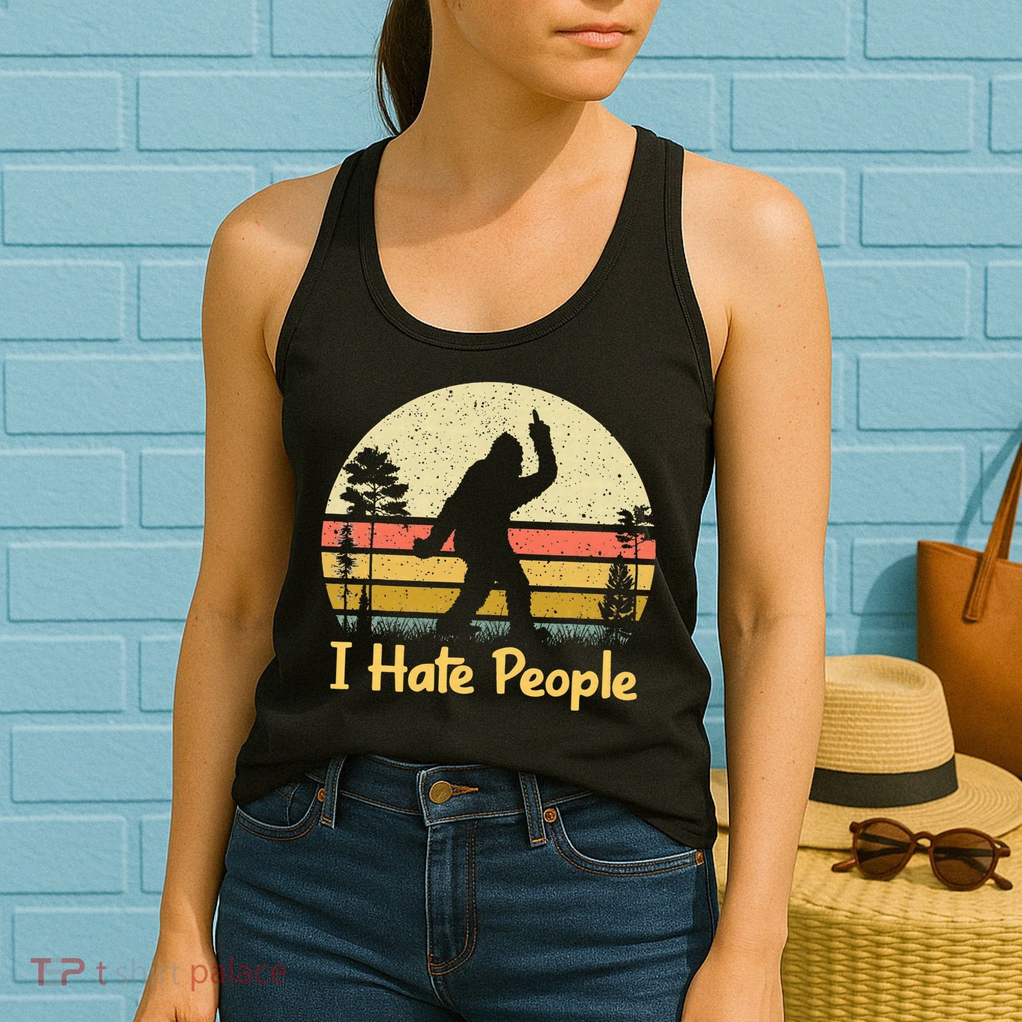 Retro Camping Bigfoot Sasquatch Middle Finger I Hate People Women's Tank Top