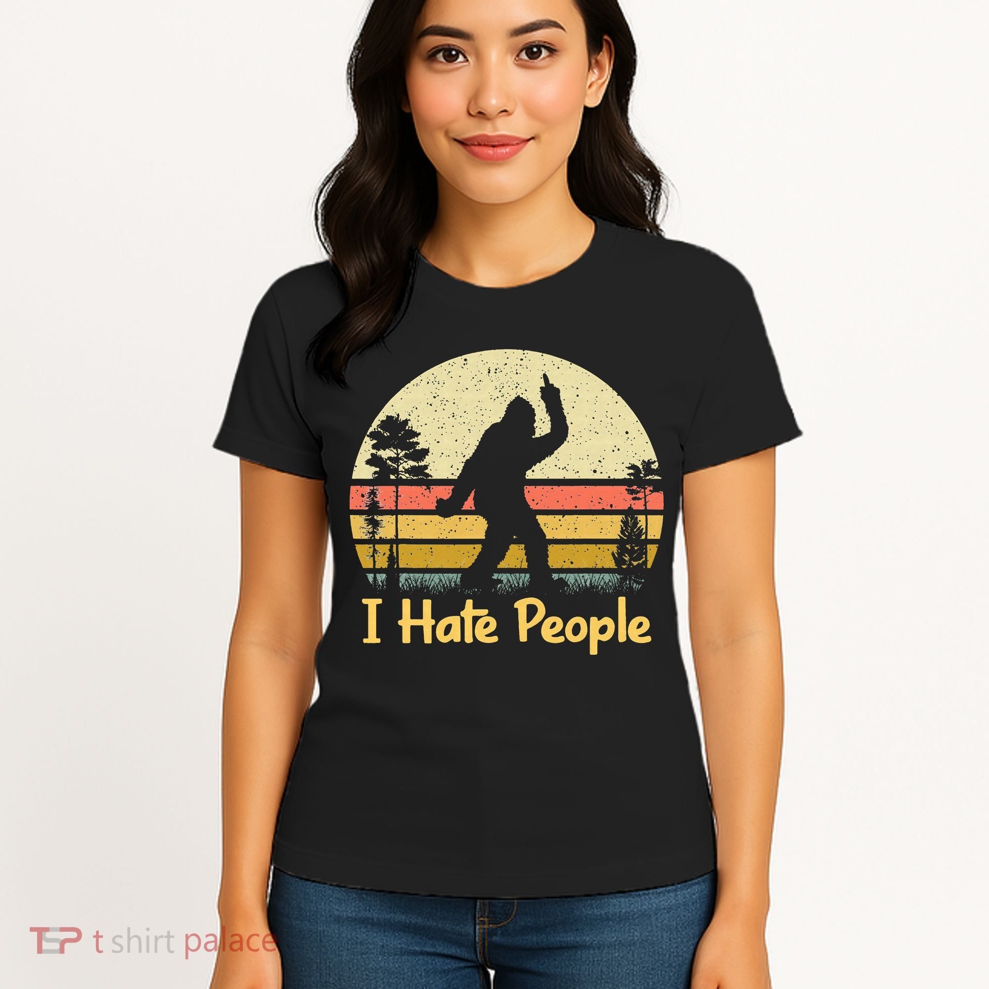 Retro Camping Bigfoot Sasquatch Middle Finger I Hate People Women's T-Shirt