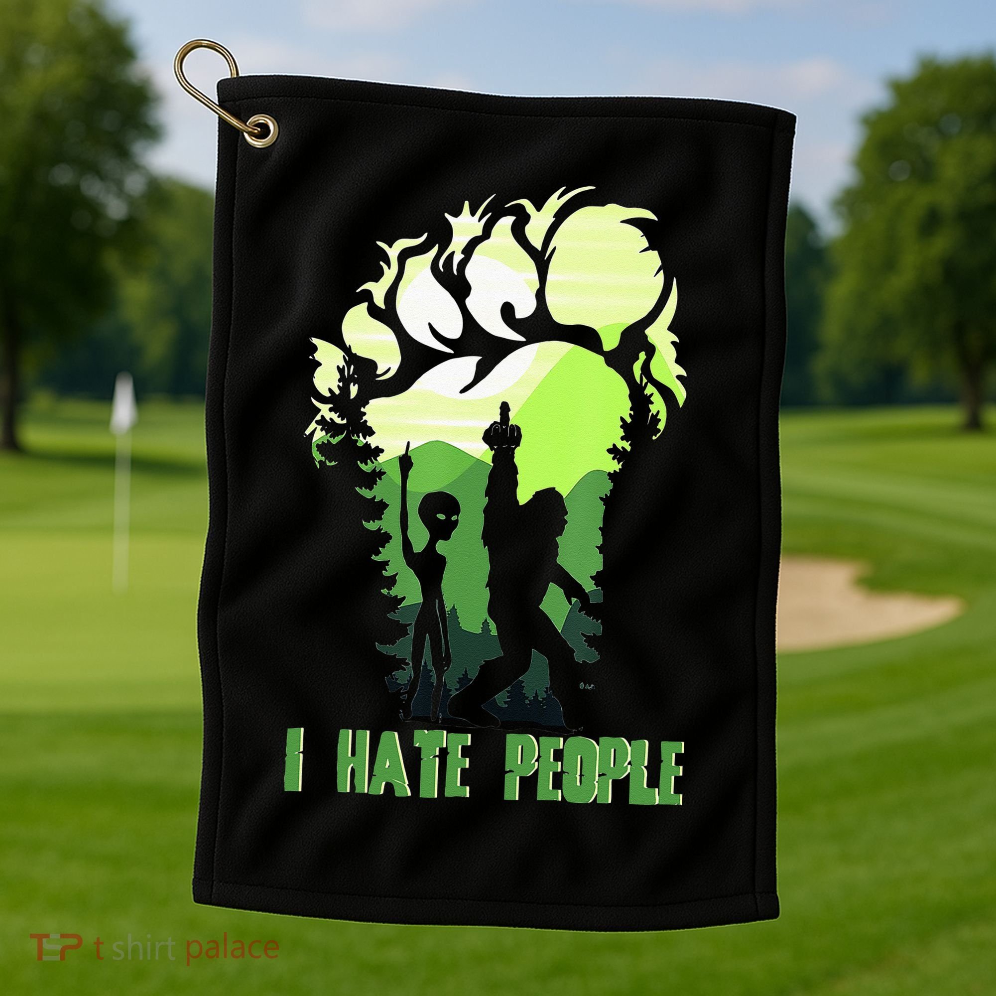 Retro Camping Bigfoot Sasquatch Middle Finger I Hate People Golf Towel