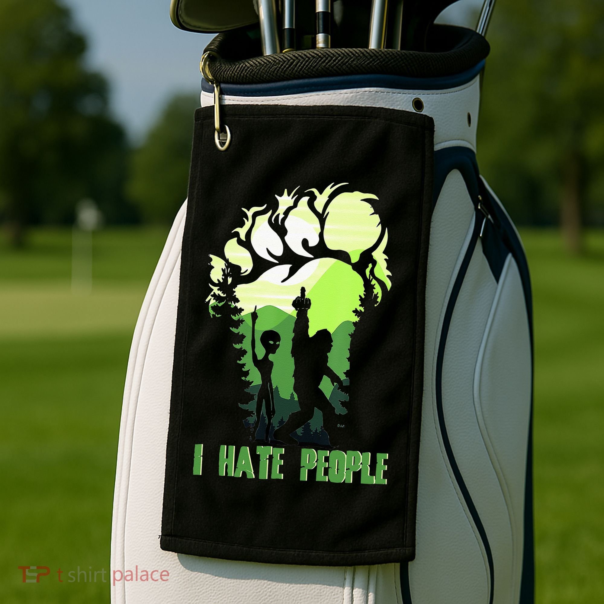 Retro Camping Bigfoot Sasquatch Middle Finger I Hate People Golf Towel