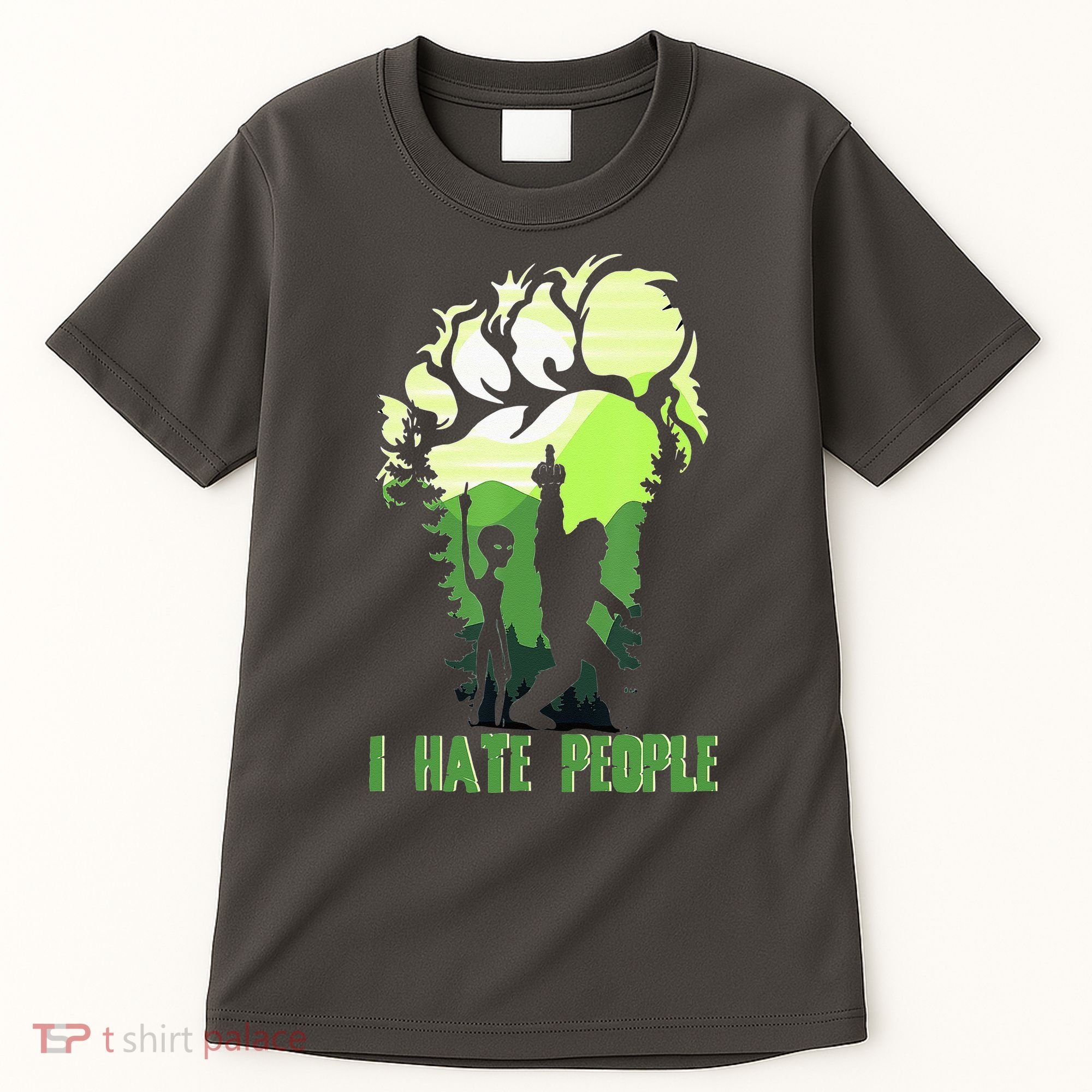 Retro Camping Bigfoot Sasquatch Middle Finger I Hate People Tall T-Shirt
