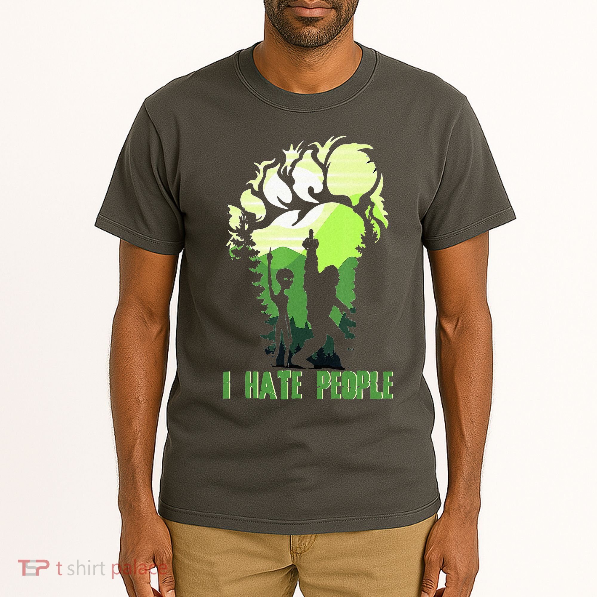 Retro Camping Bigfoot Sasquatch Middle Finger I Hate People Tall T-Shirt