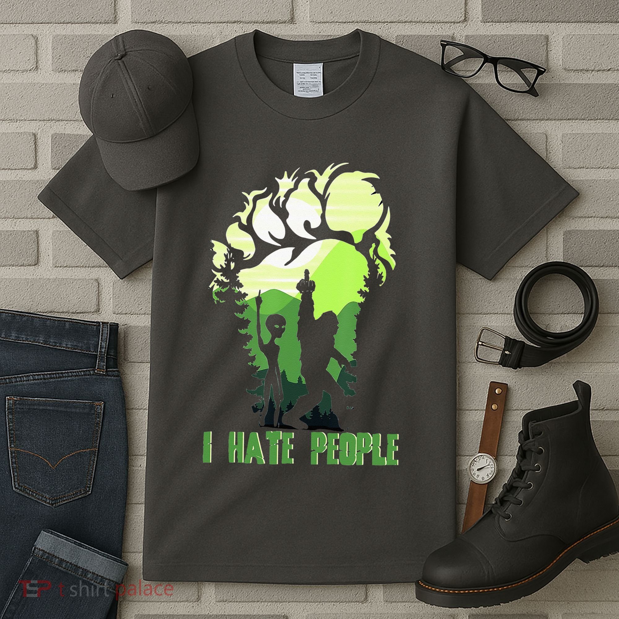 Retro Camping Bigfoot Sasquatch Middle Finger I Hate People Tall T-Shirt