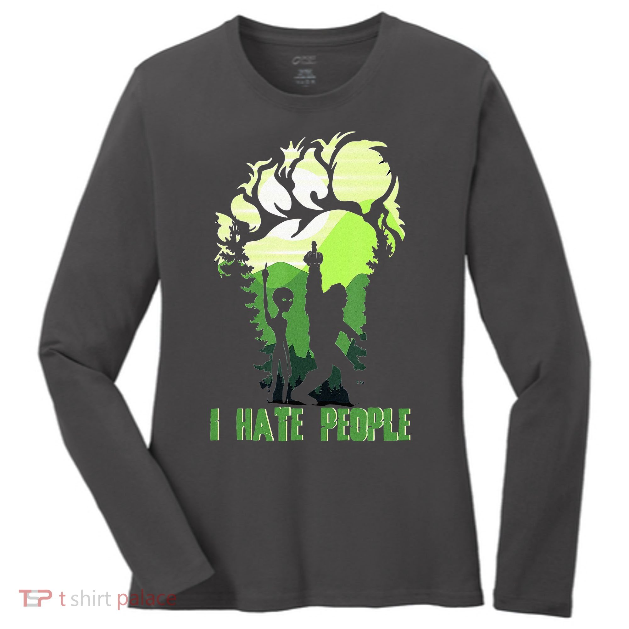 Retro Camping Bigfoot Sasquatch Middle Finger I Hate People Women's Long Sleeve Shirt