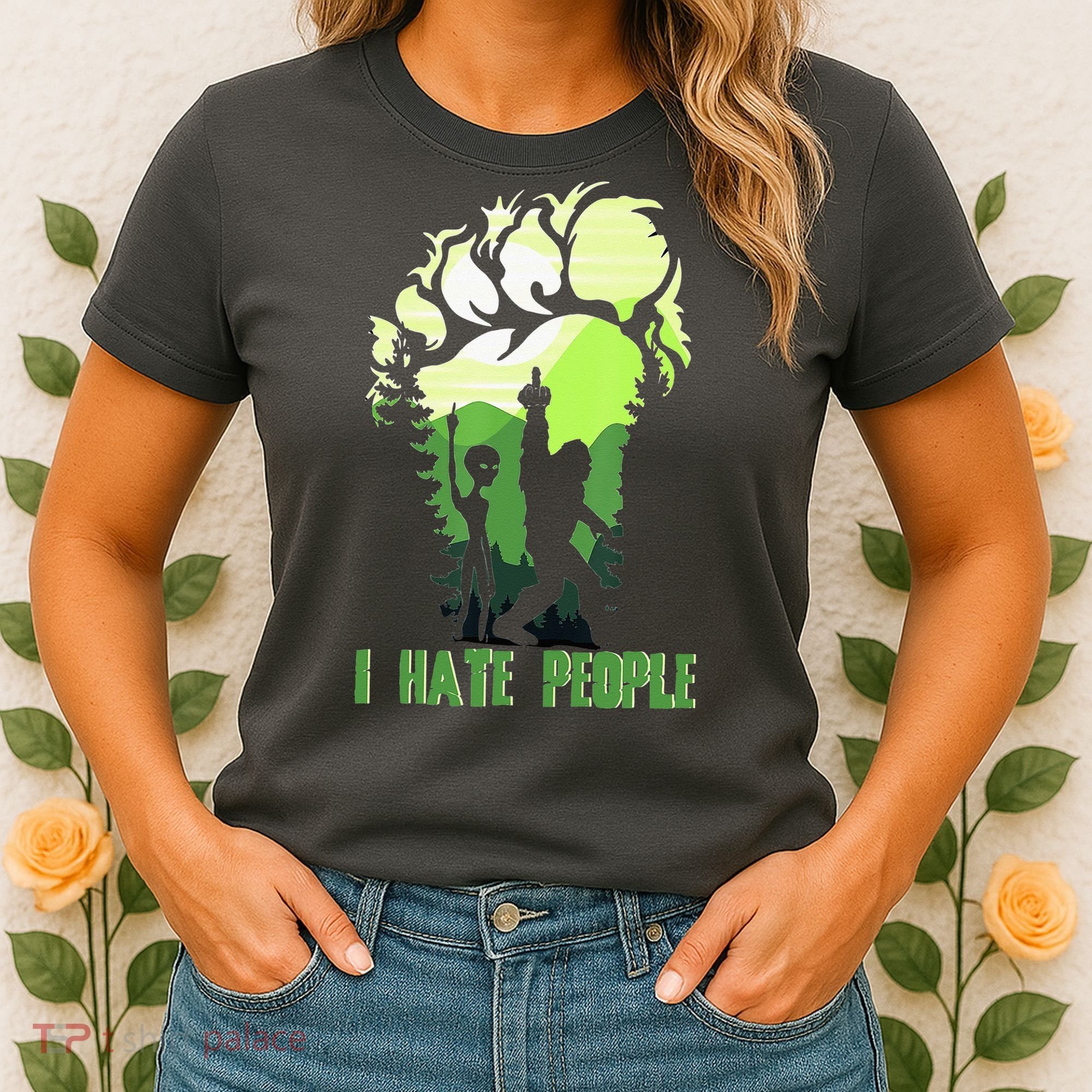 Retro Camping Bigfoot Sasquatch Middle Finger I Hate People Women's T-Shirt