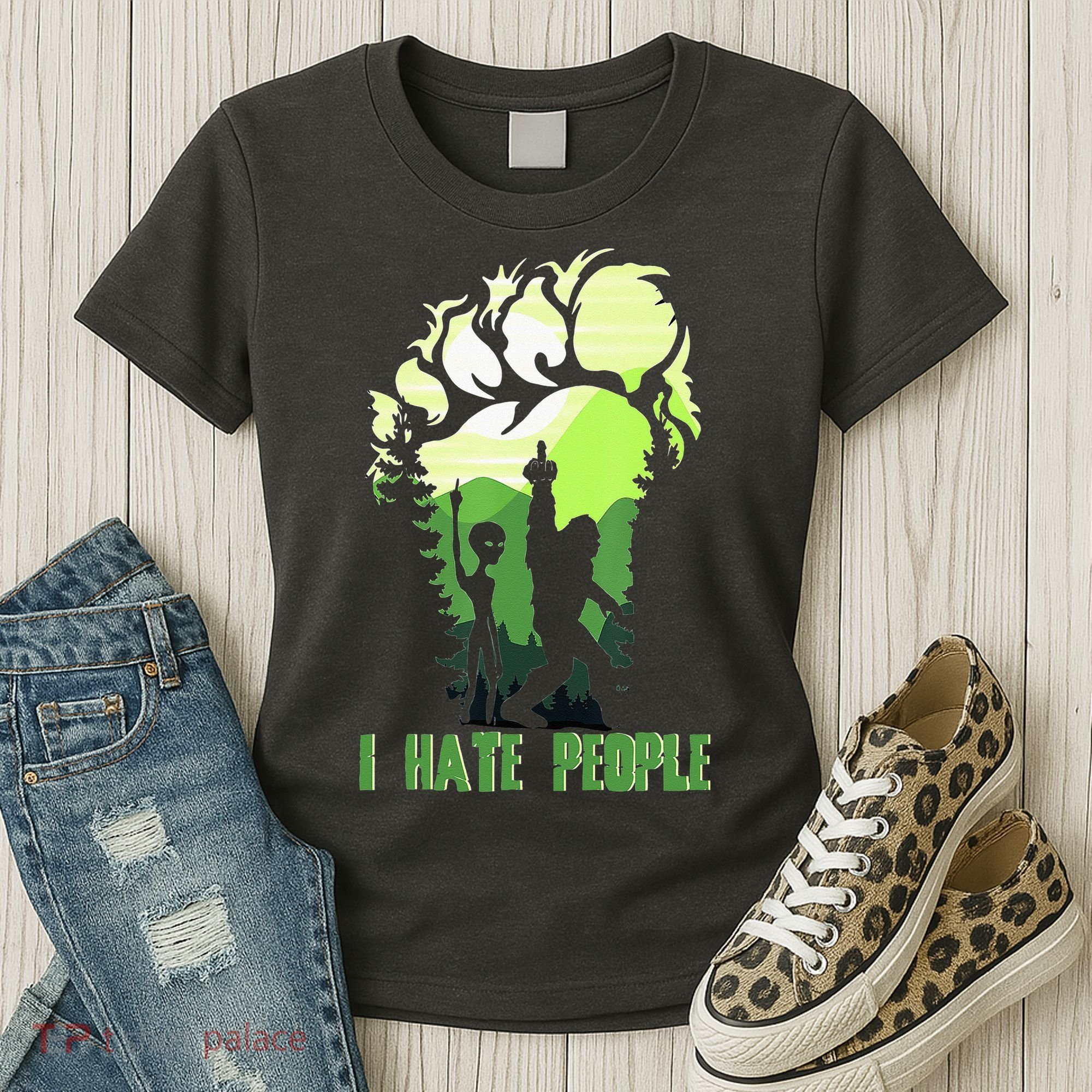 Retro Camping Bigfoot Sasquatch Middle Finger I Hate People Women's T-Shirt
