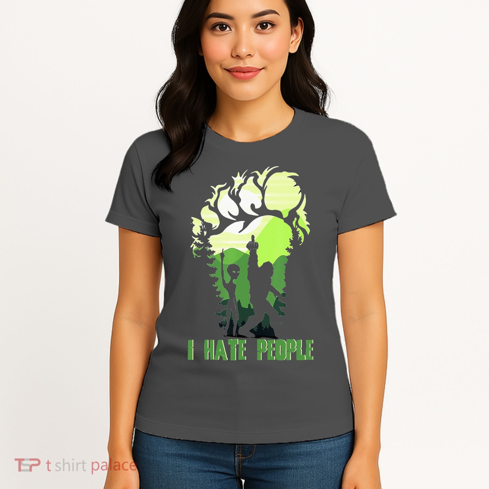 Retro Camping Bigfoot Sasquatch Middle Finger I Hate People Women's T-Shirt