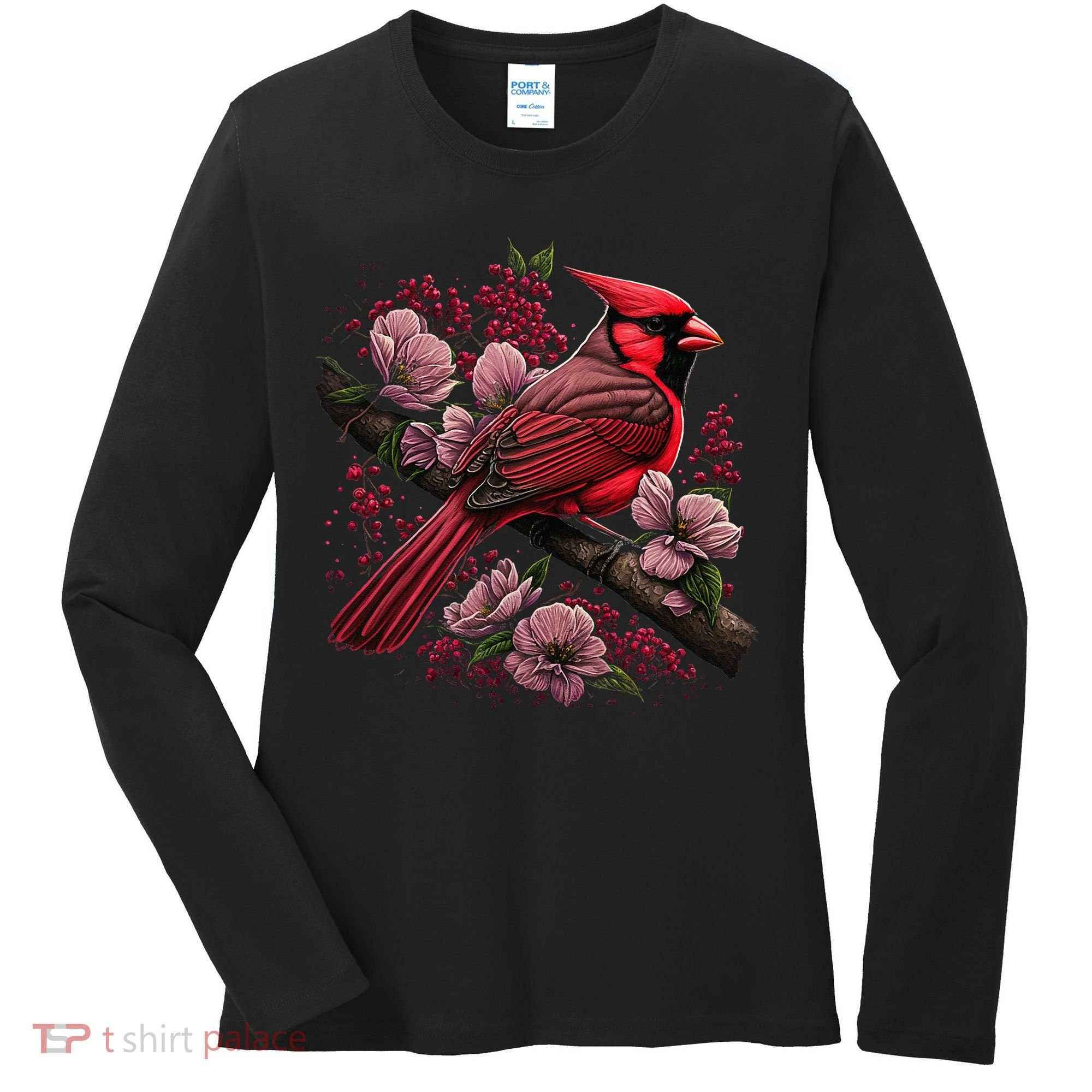Red Cardinal Bird And Pink Flowering Dogwood Blossoms Women's Long Sleeve Shirt