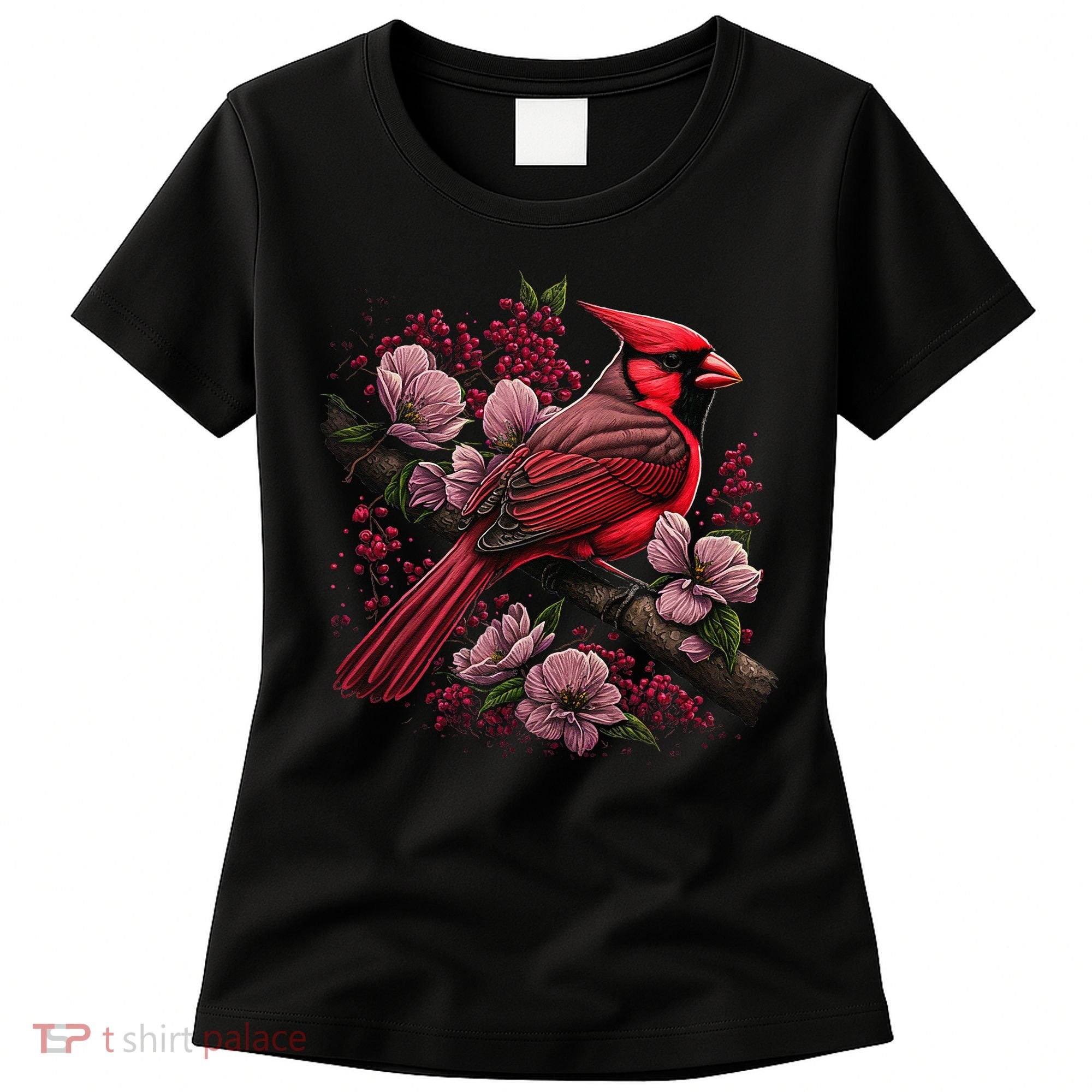 Red Cardinal Bird And Pink Flowering Dogwood Blossoms Women's T-Shirt