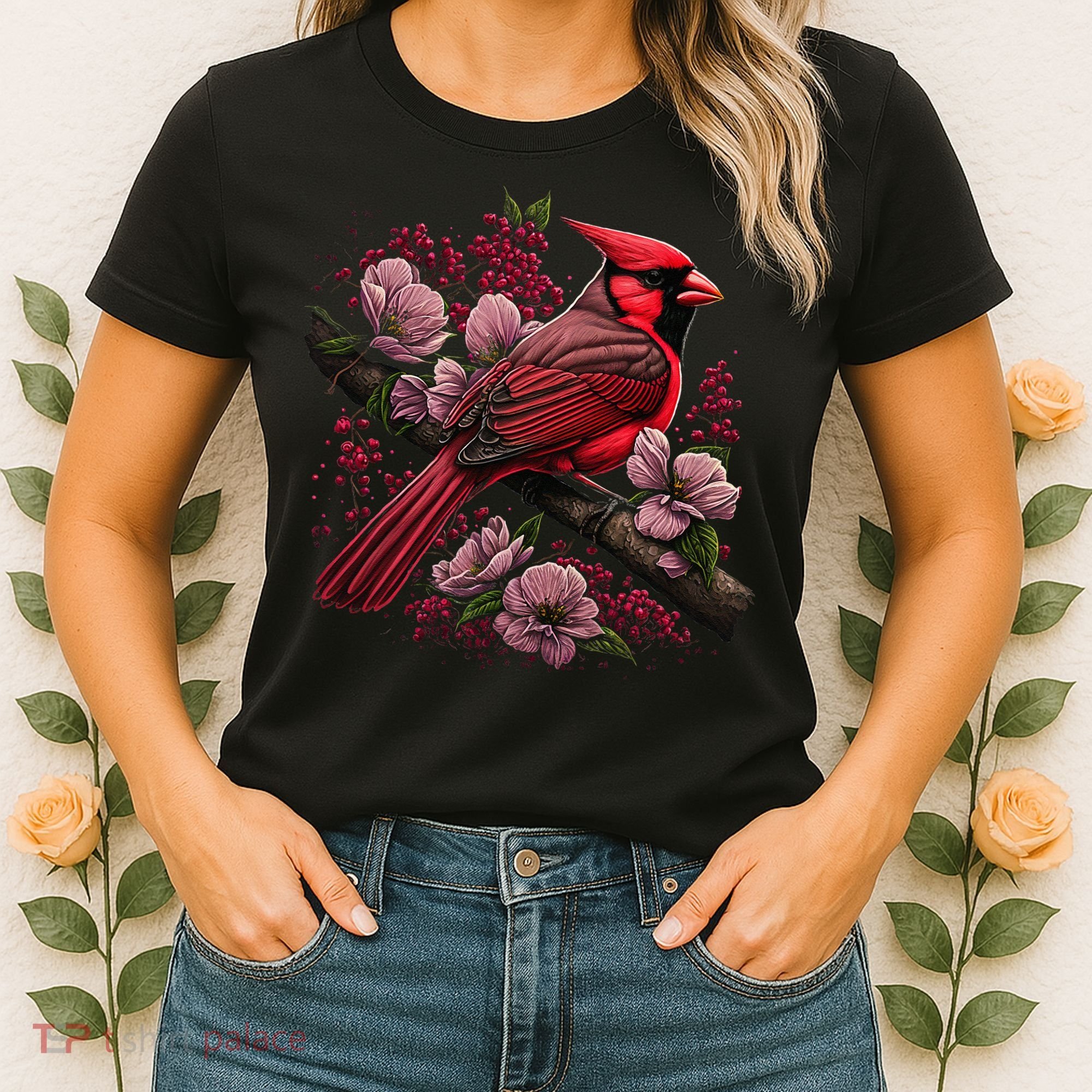 Red Cardinal Bird And Pink Flowering Dogwood Blossoms Women's T-Shirt