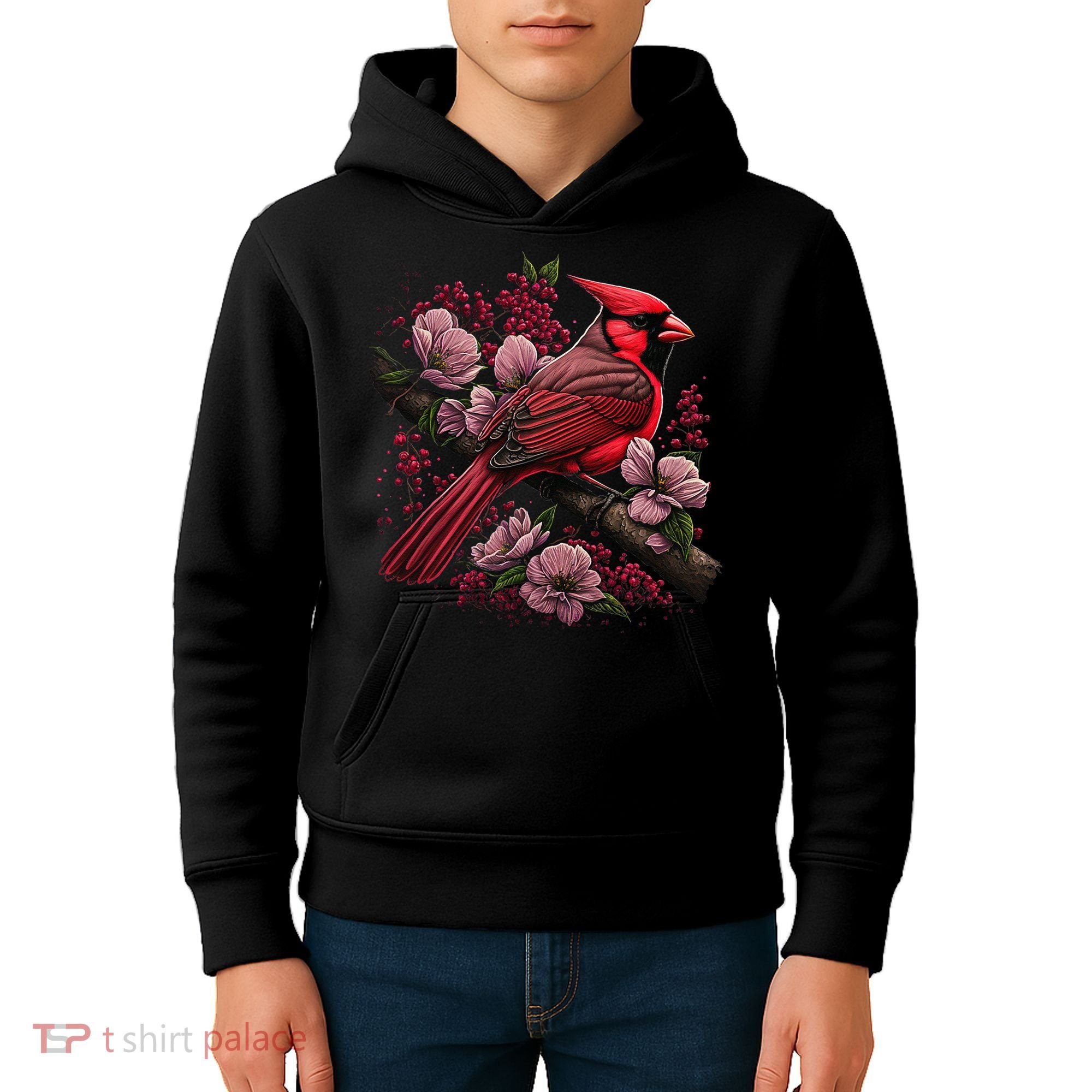 Red Cardinal Bird And Pink Flowering Dogwood Blossoms Kids Hoodie