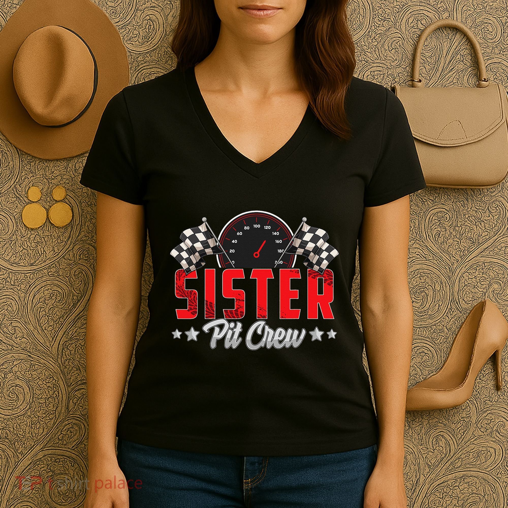 Race Car Birthday Party Racing Family Sister Pit Crew Women's V-Neck T-Shirt