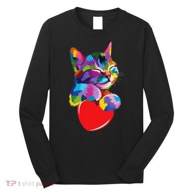 Rainbow Cute Cat Hugging Heart Kitty Love Cat Long Sleeve Shirt