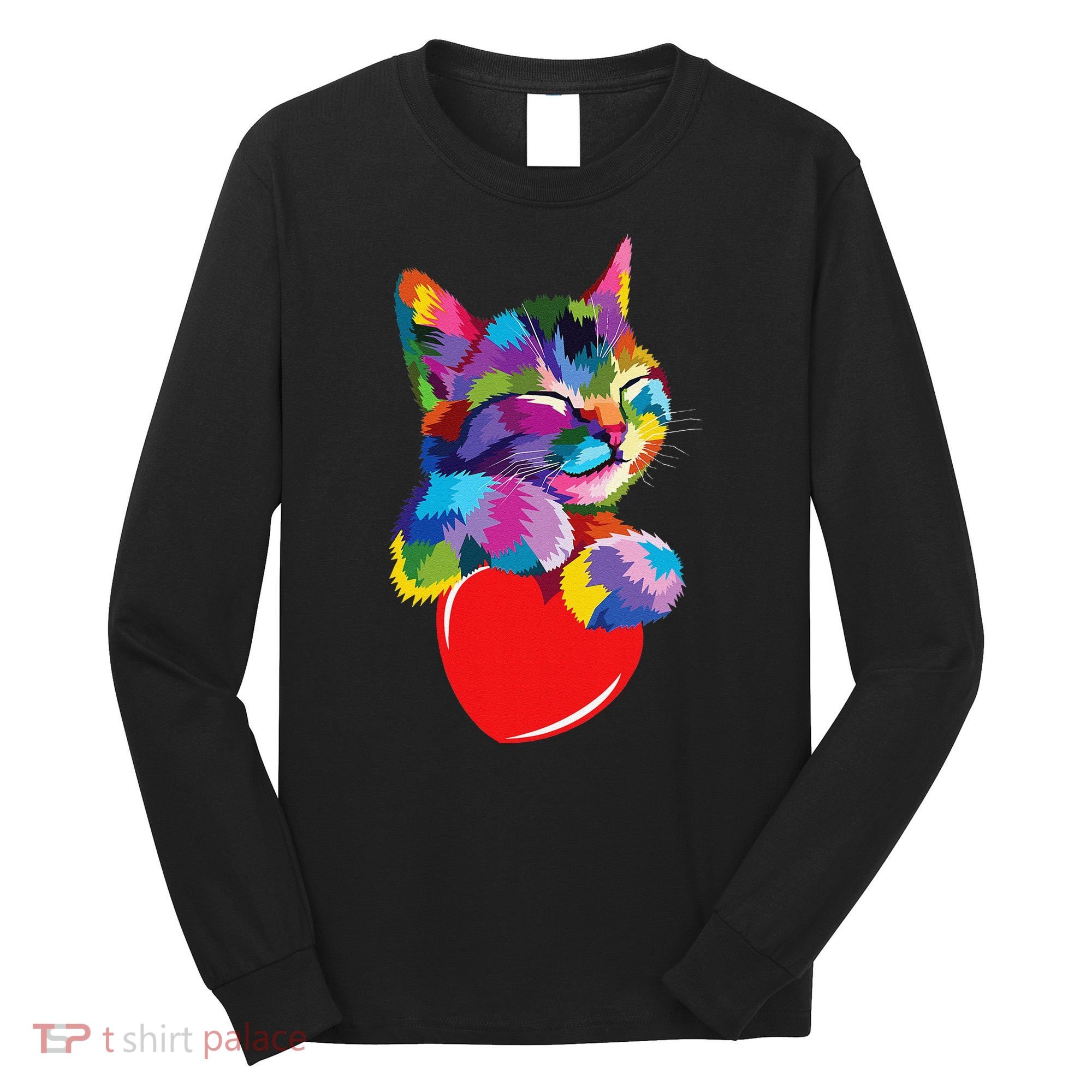 Rainbow Cute Cat Hugging Heart Kitty Love Cat Long Sleeve Shirt