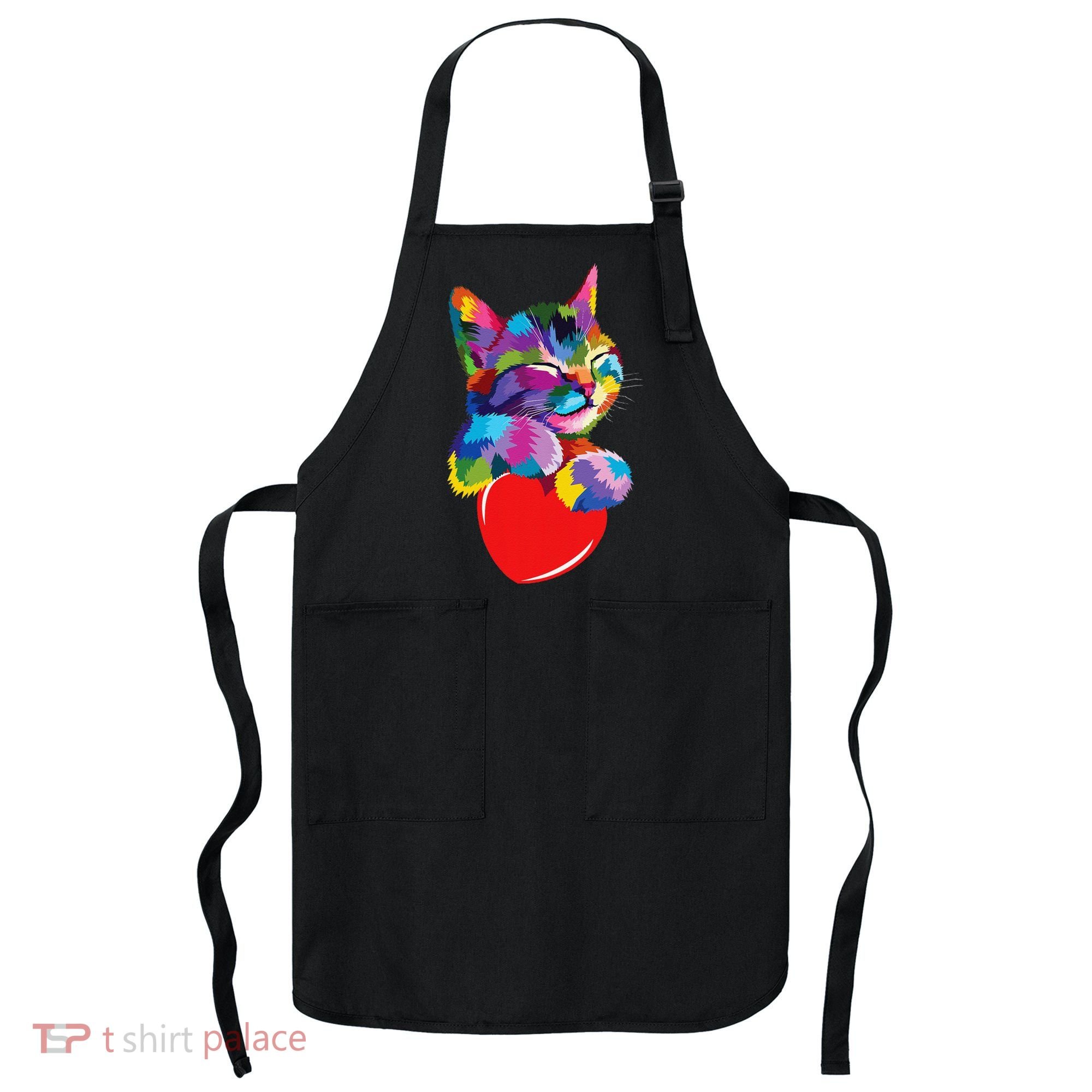 Rainbow Cute Cat Hugging Heart Kitty Love Cat Apron