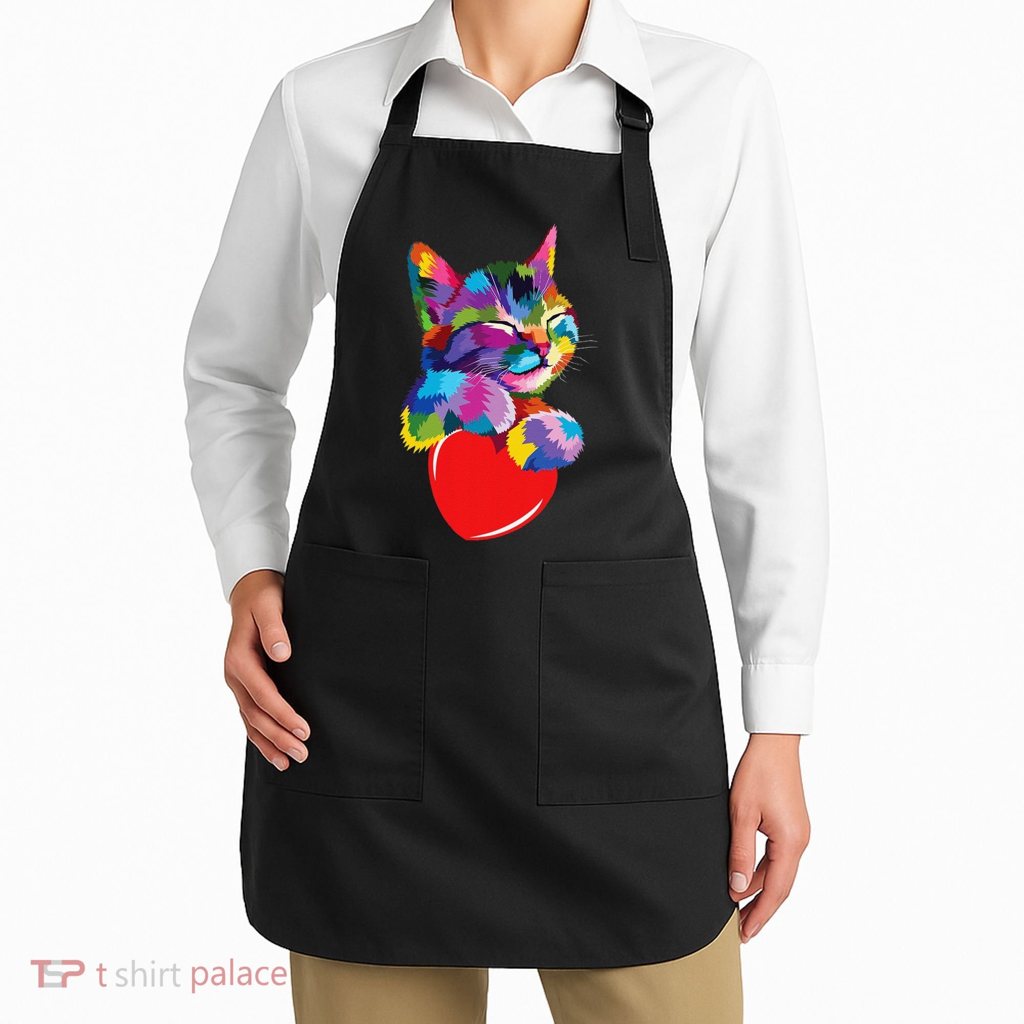 Rainbow Cute Cat Hugging Heart Kitty Love Cat Apron