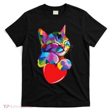 Rainbow Cute Cat Hugging Heart Kitty Love Cat T-Shirt