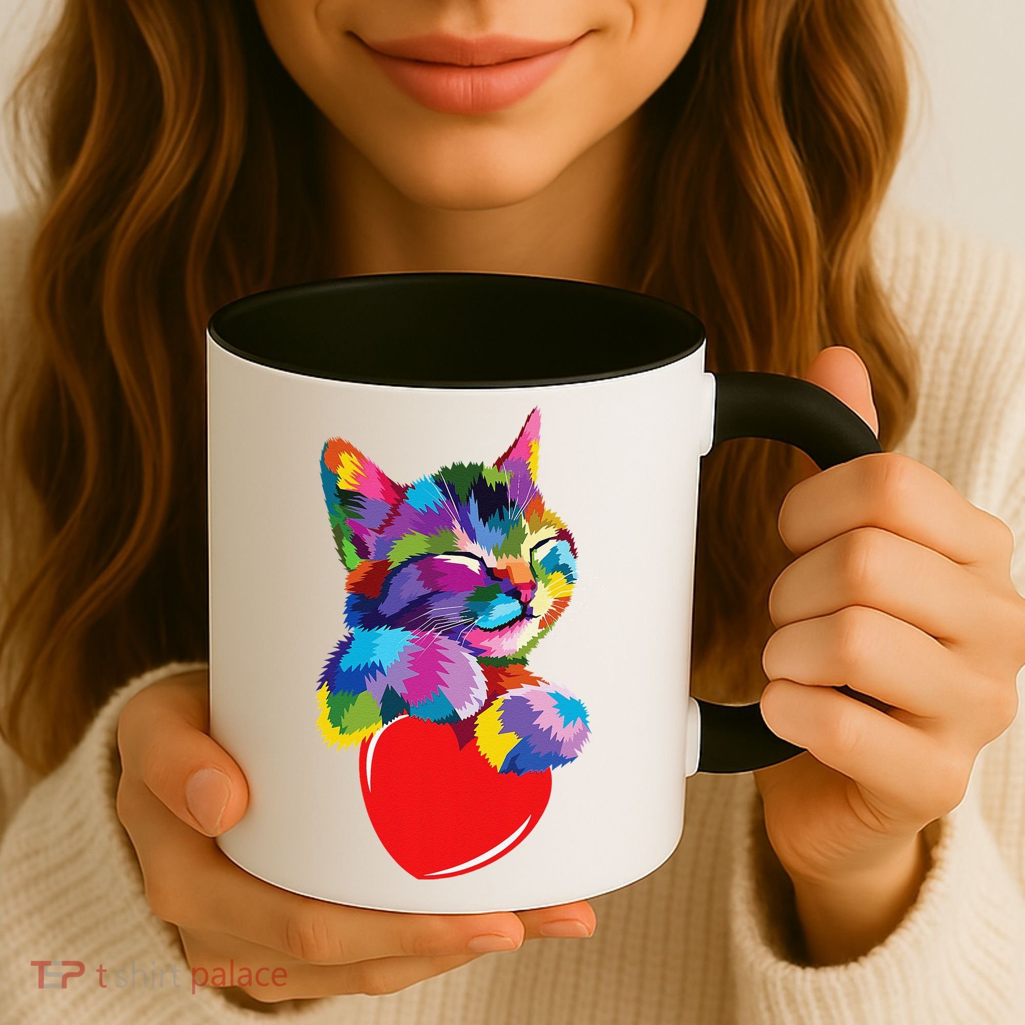 Rainbow Cute Cat Hugging Heart Kitty Love Cat Coffee Mug