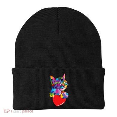 Rainbow Cute Cat Hugging Heart Kitty Love Cat Beanie