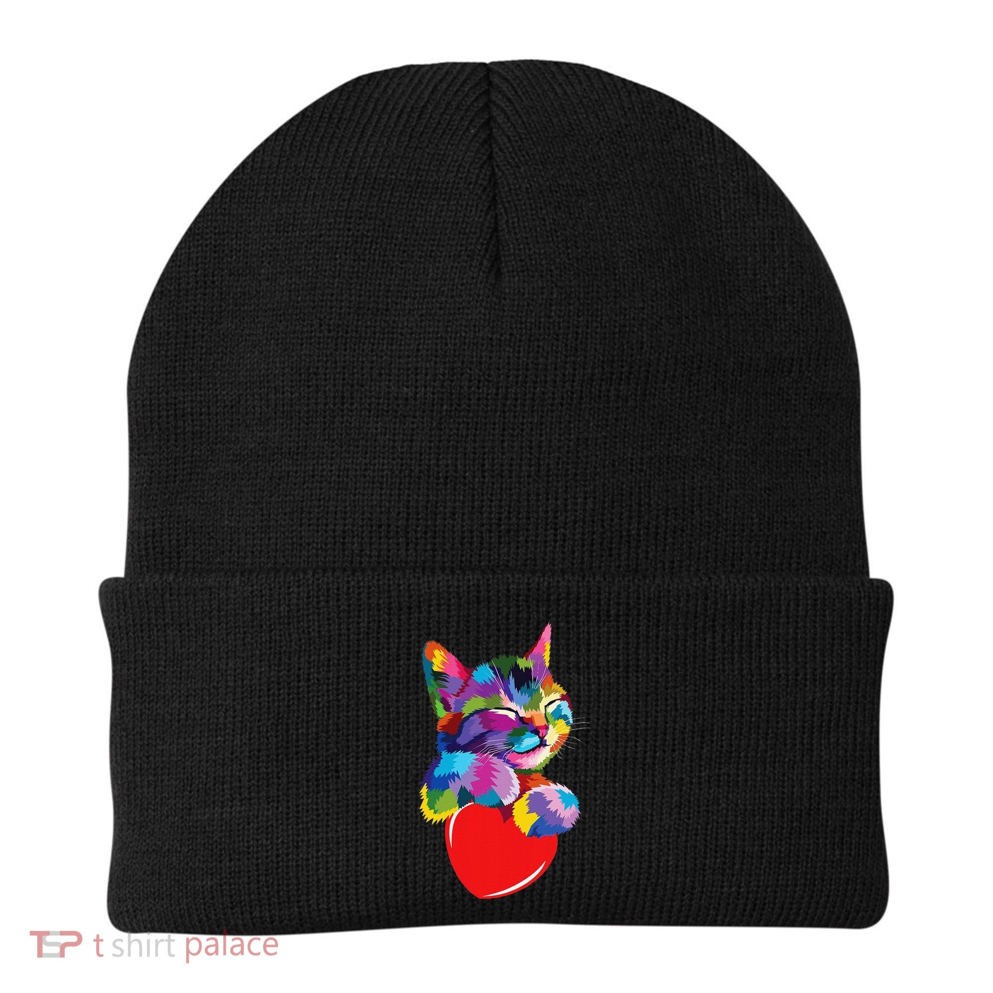 Rainbow Cute Cat Hugging Heart Kitty Love Cat Beanie