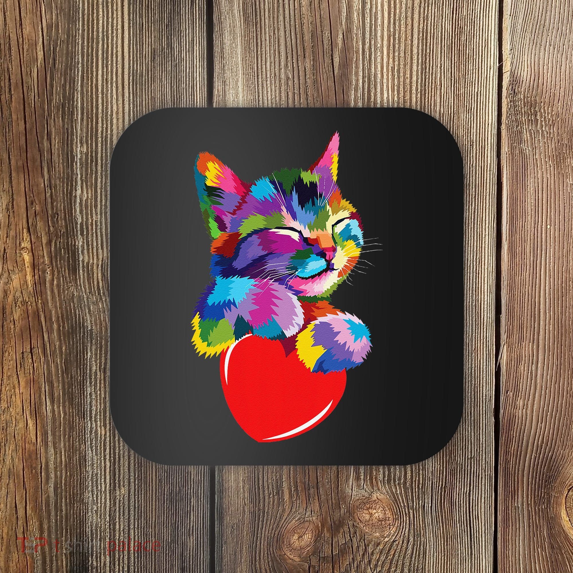 Rainbow Cute Cat Hugging Heart Kitty Love Cat Coaster