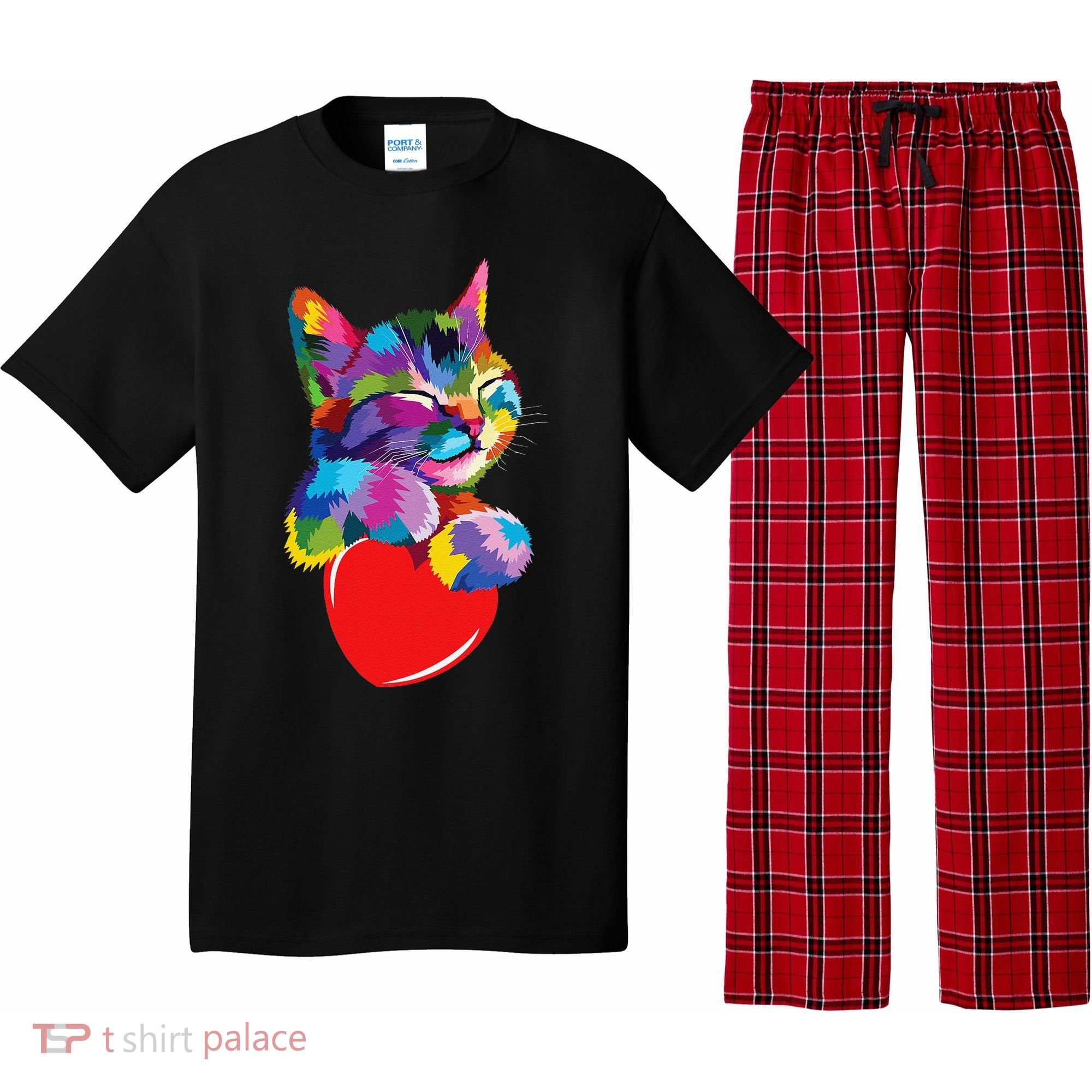 Rainbow Cute Cat Hugging Heart Kitty Love Cat Pajama Set