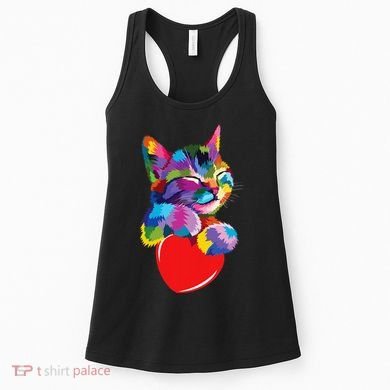 Rainbow Cute Cat Hugging Heart Kitty Love Cat Women's Tank Top