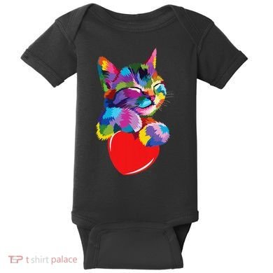 Rainbow Cute Cat Hugging Heart Kitty Love Cat Baby Bodysuit
