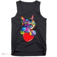 Rainbow Cute Cat Hugging Heart Kitty Love Cat Tank Top thumb 0