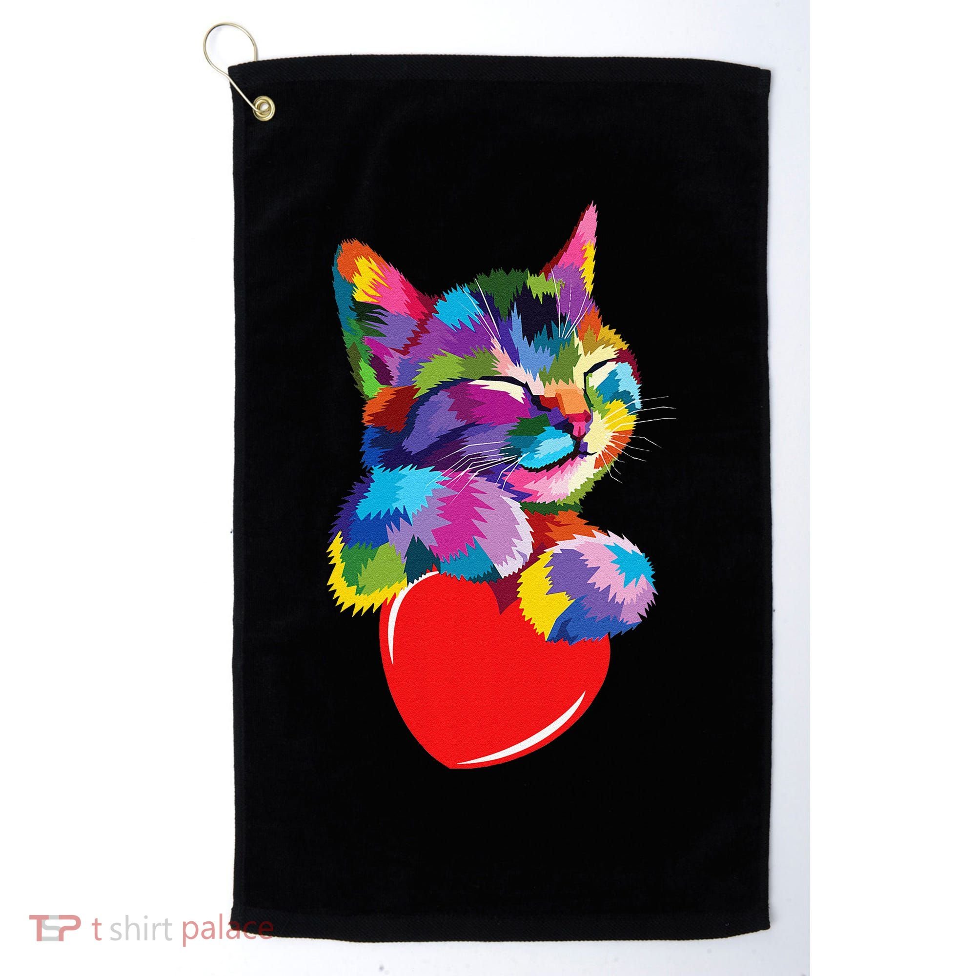 Rainbow Cute Cat Hugging Heart Kitty Love Cat Golf Towel