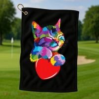 Rainbow Cute Cat Hugging Heart Kitty Love Cat Golf Towel thumb 1