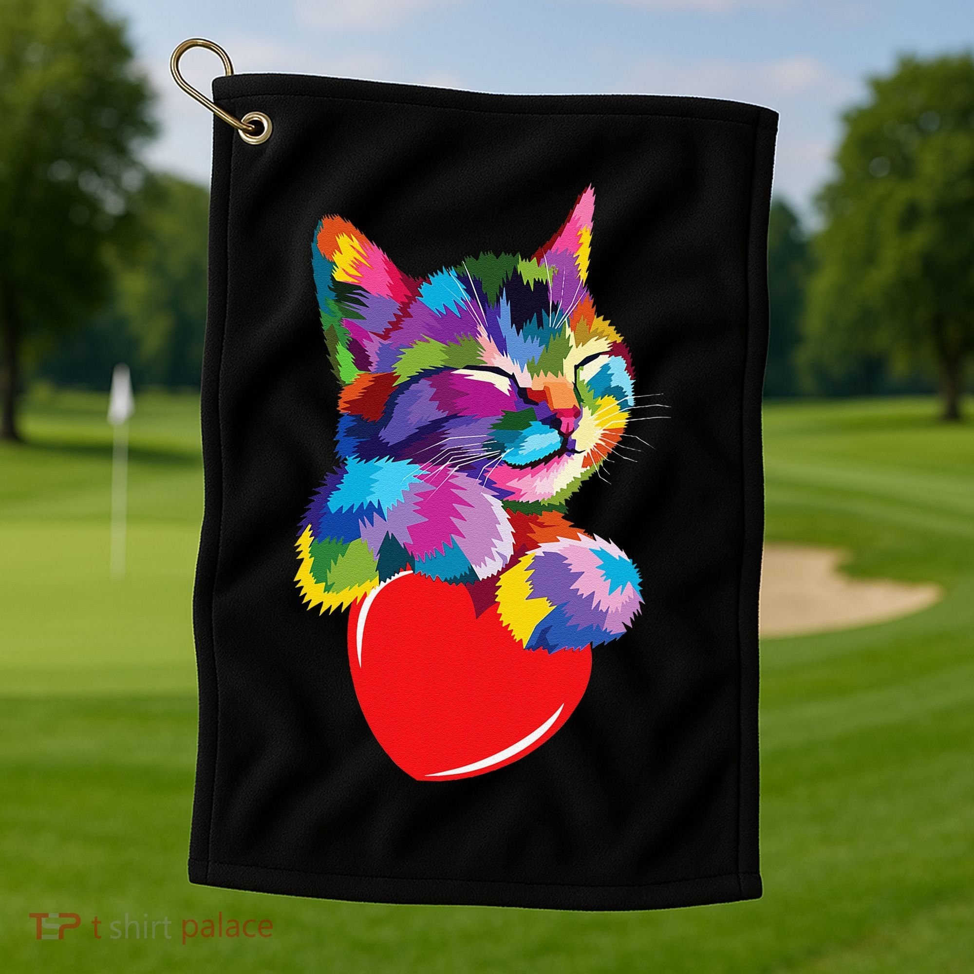 Rainbow Cute Cat Hugging Heart Kitty Love Cat Golf Towel