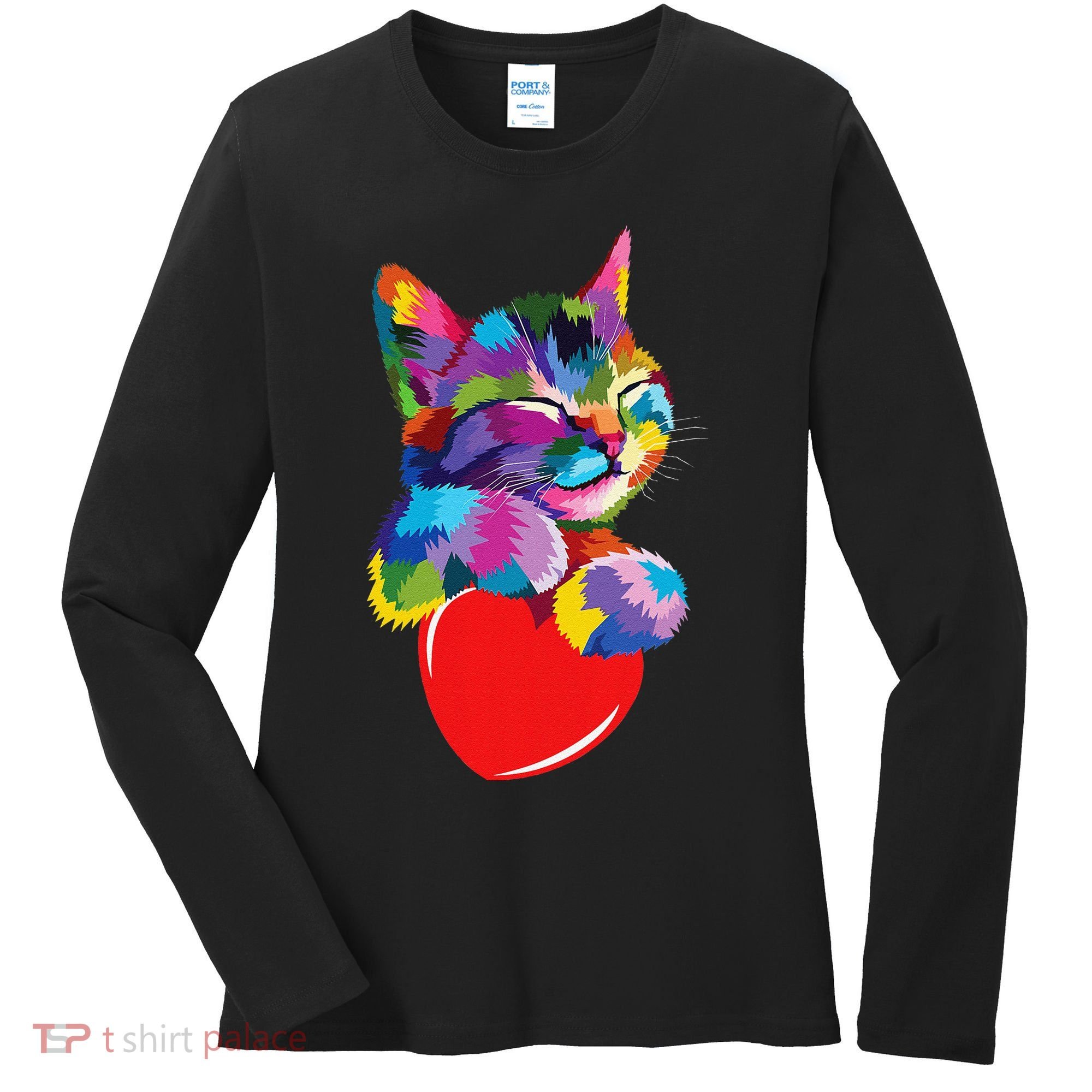 Rainbow Cute Cat Hugging Heart Kitty Love Cat Women's Long Sleeve Shirt