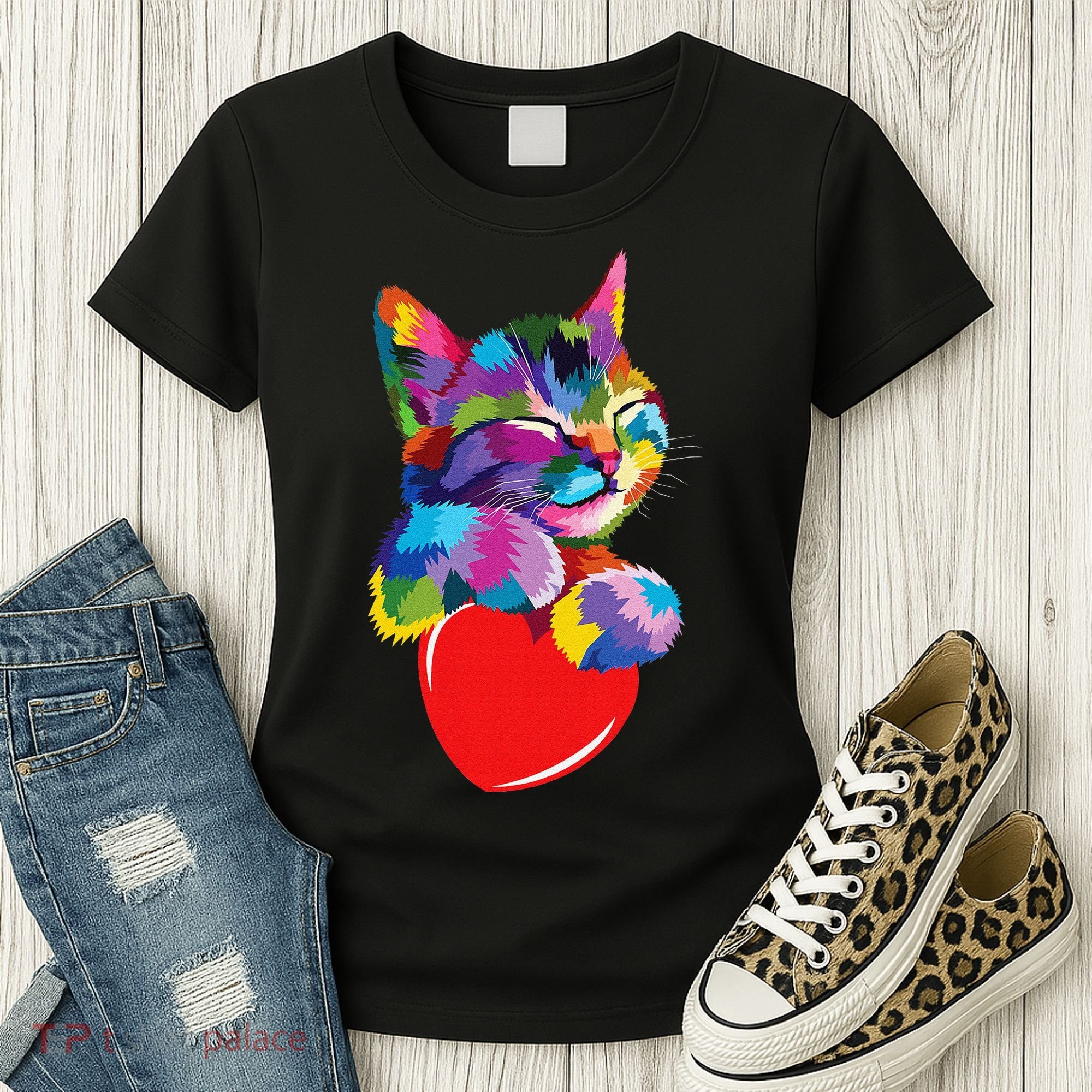Rainbow Cute Cat Hugging Heart Kitty Love Cat Women's T-Shirt