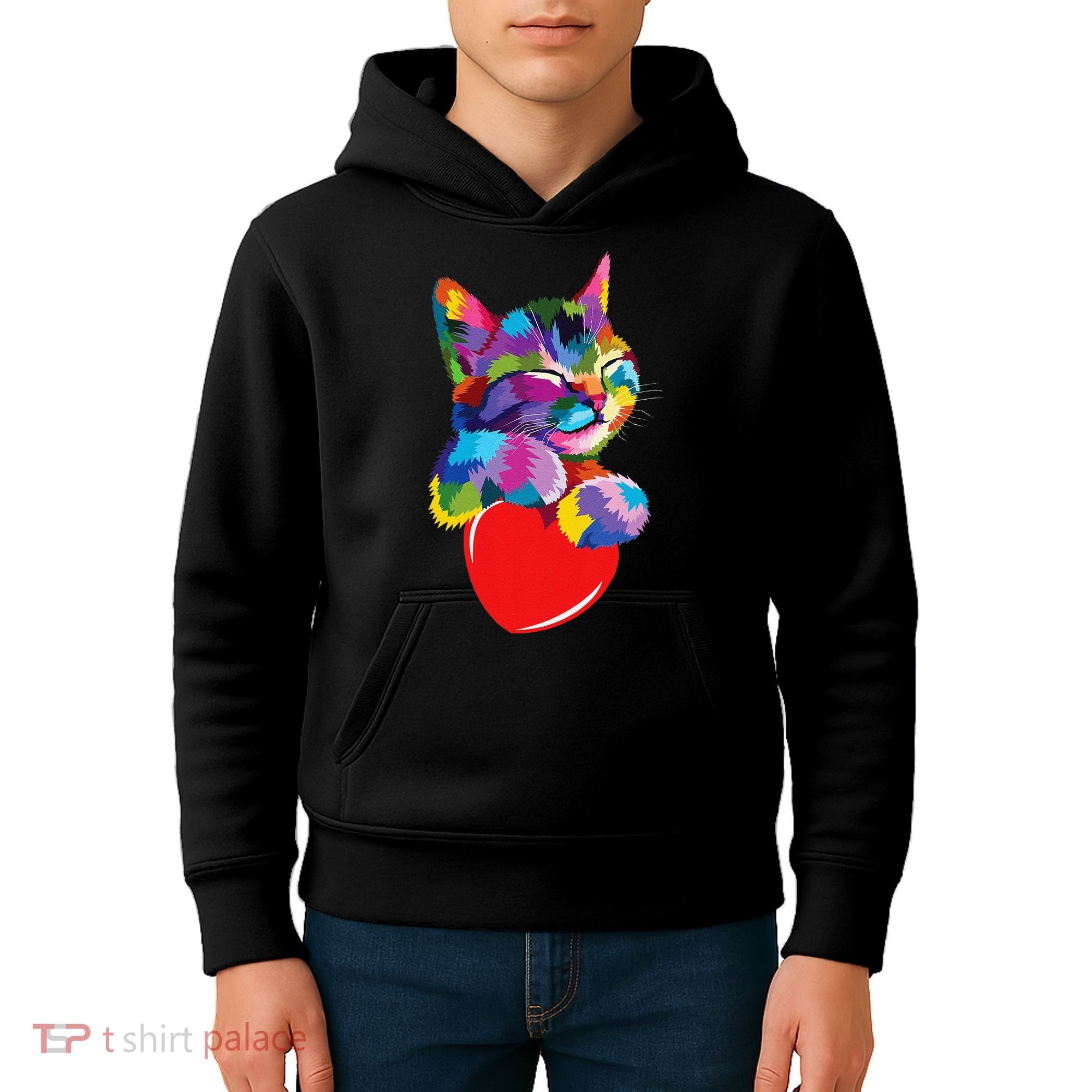 Rainbow Cute Cat Hugging Heart Kitty Love Cat Kids Hoodie