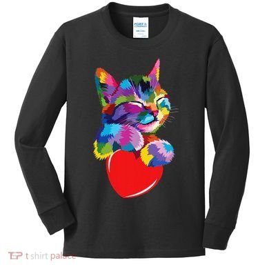 Rainbow Cute Cat Hugging Heart Kitty Love Cat Kids Long Sleeve Shirt