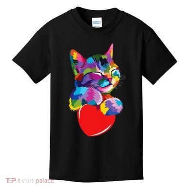 Rainbow Cute Cat Hugging Heart Kitty Love Cat Kids T-Shirt