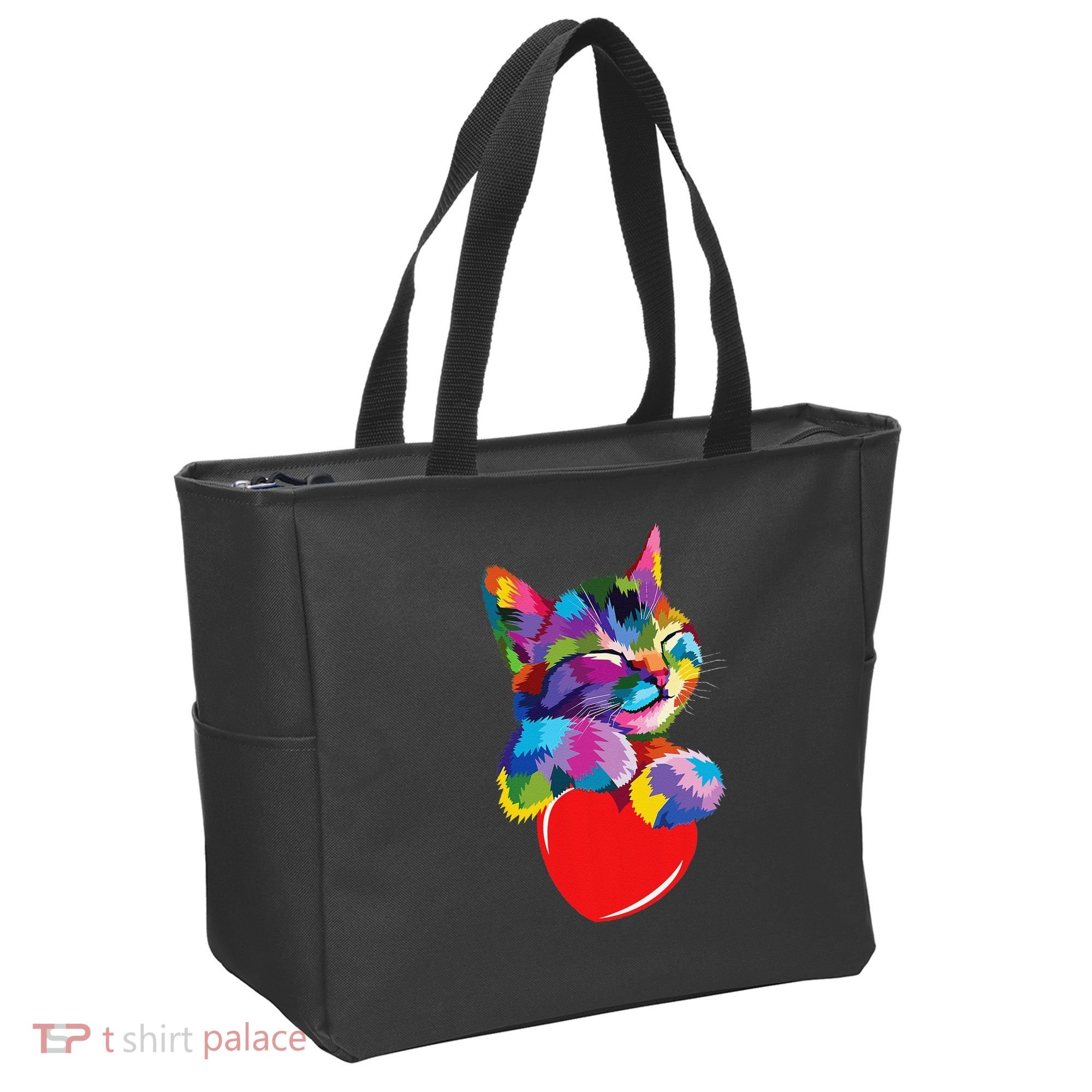 Rainbow Cute Cat Hugging Heart Kitty Love Cat Tote Bag