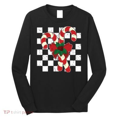 Retro Candy Cane Trendy Checkered Christmas Holiday Long Sleeve Shirt