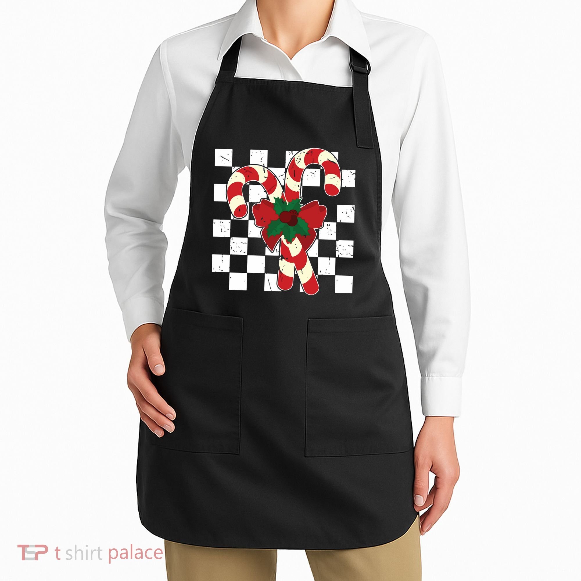 Retro Candy Cane Trendy Checkered Christmas Holiday Apron