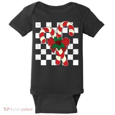 Retro Candy Cane Trendy Checkered Christmas Holiday Baby Bodysuit