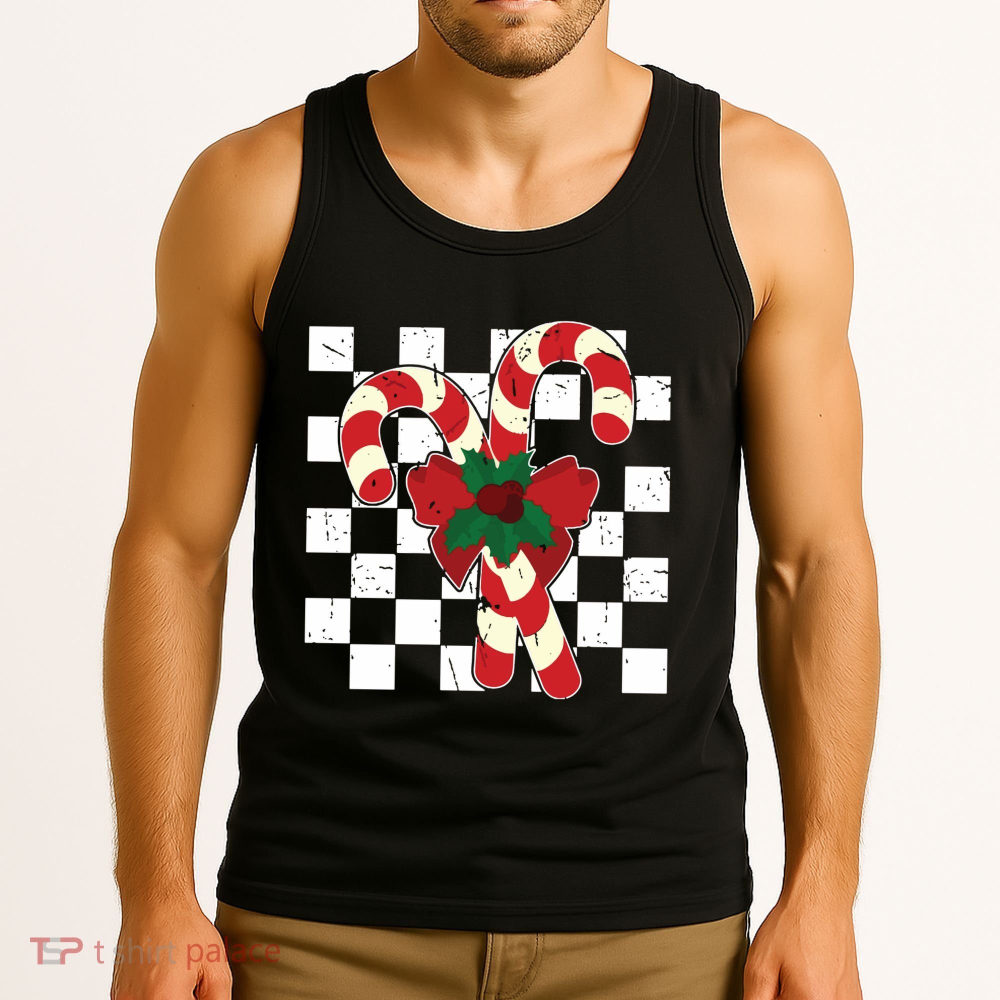 Retro Candy Cane Trendy Checkered Christmas Holiday Tank Top