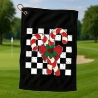 Retro Candy Cane Trendy Checkered Christmas Holiday Golf Towel thumb 1