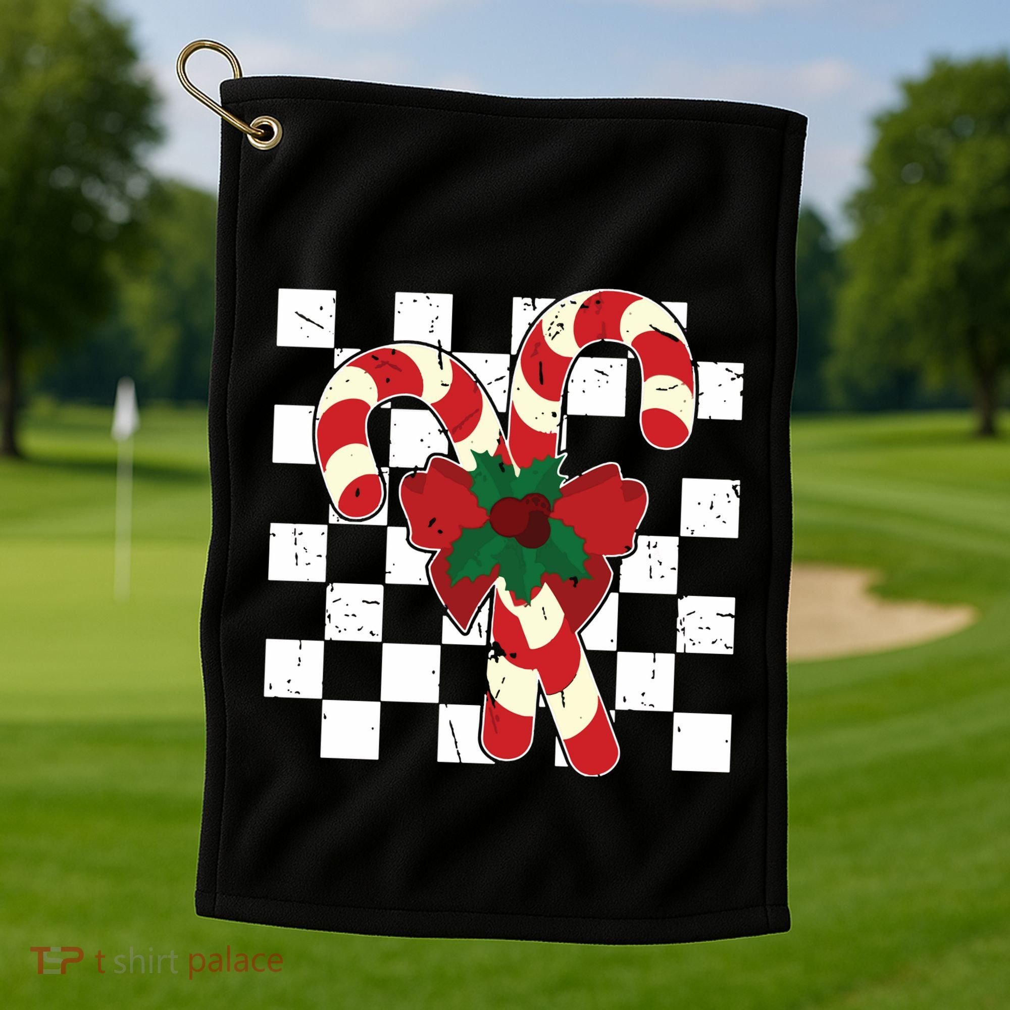 Retro Candy Cane Trendy Checkered Christmas Holiday Golf Towel