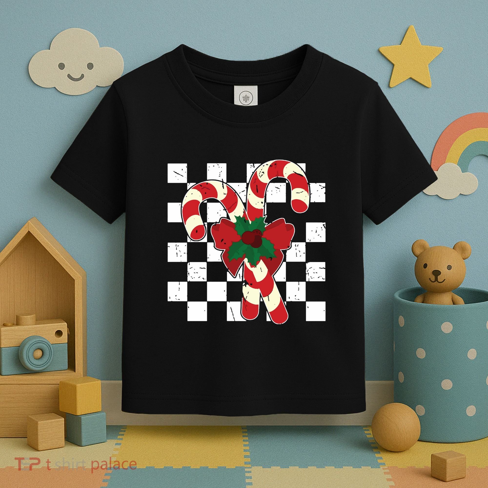 Retro Candy Cane Trendy Checkered Christmas Holiday Toddler T-Shirt